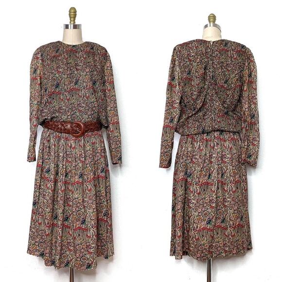 VINTAGE 60s/70s Patty O'Neil Floral Embroidered Long Sleeve Drop Waist Dress S/M - Picture 1 of 11